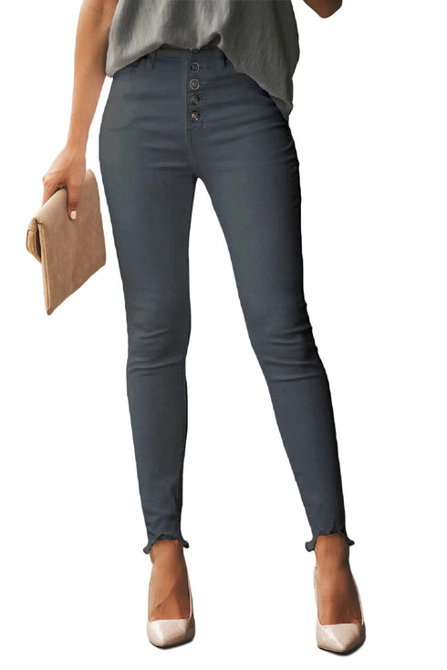 Plain High Waist Buttons Frayed Cropped Denim Jeans